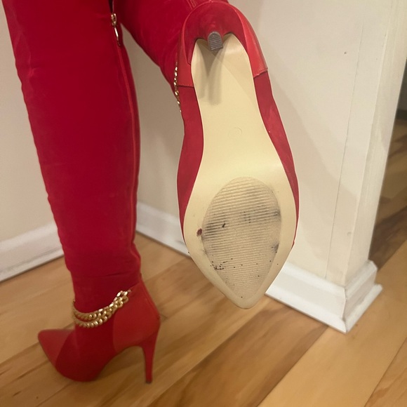 2 Chains Mixed Media Boots RED boots, over-the-knee boots,  stiletto boots - Picture 6 of 11